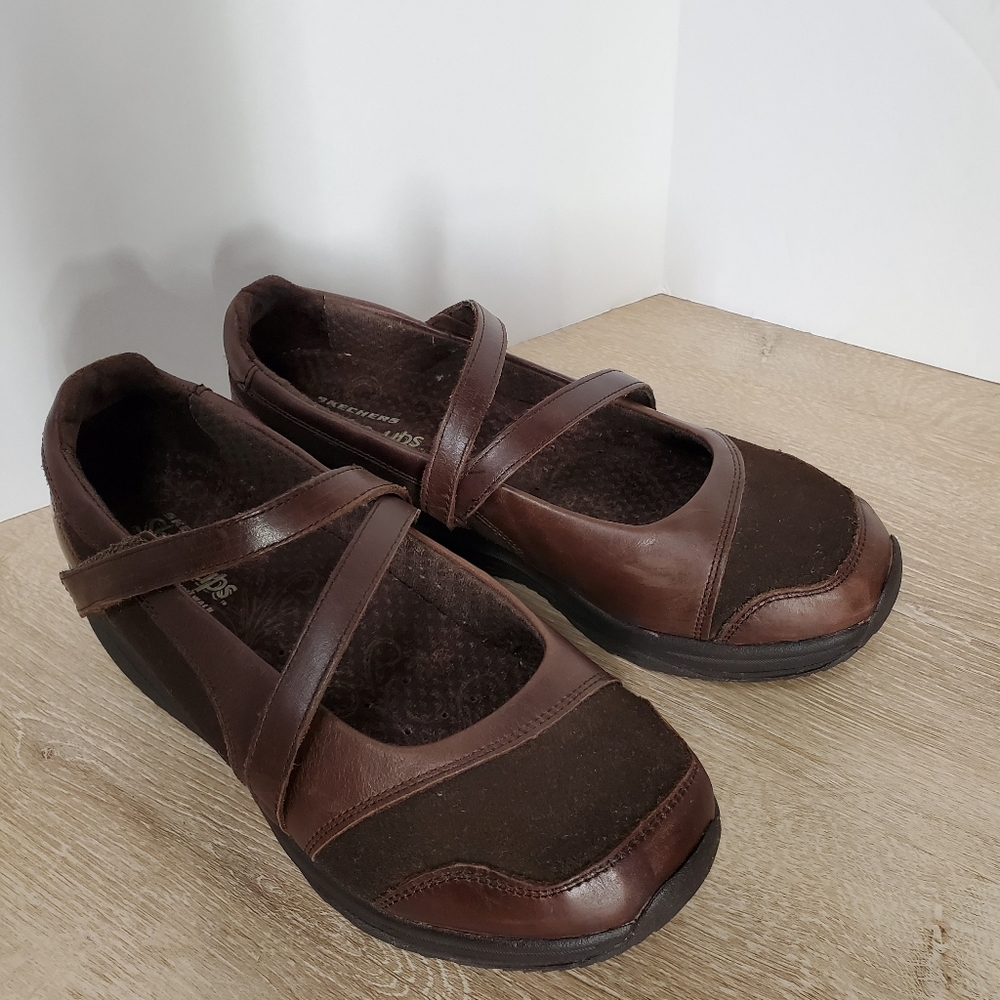 Skechers Shape Ups Brown Leather Mary Jane Rocker Toning Sneakers Shoes Women 10